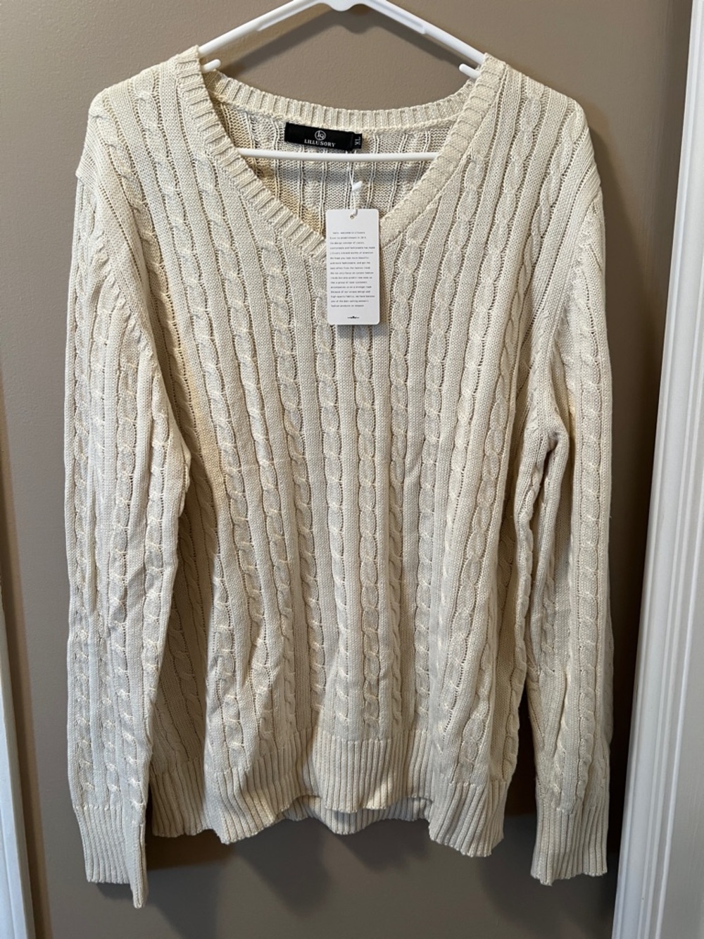 Lulustory Women's Cream Cable Knit V-Neck Sweater